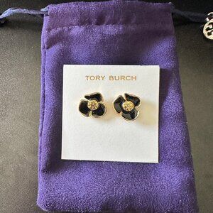 Tory Burch Fleur Flower Stud Earrings in Black and Gold - NIB
